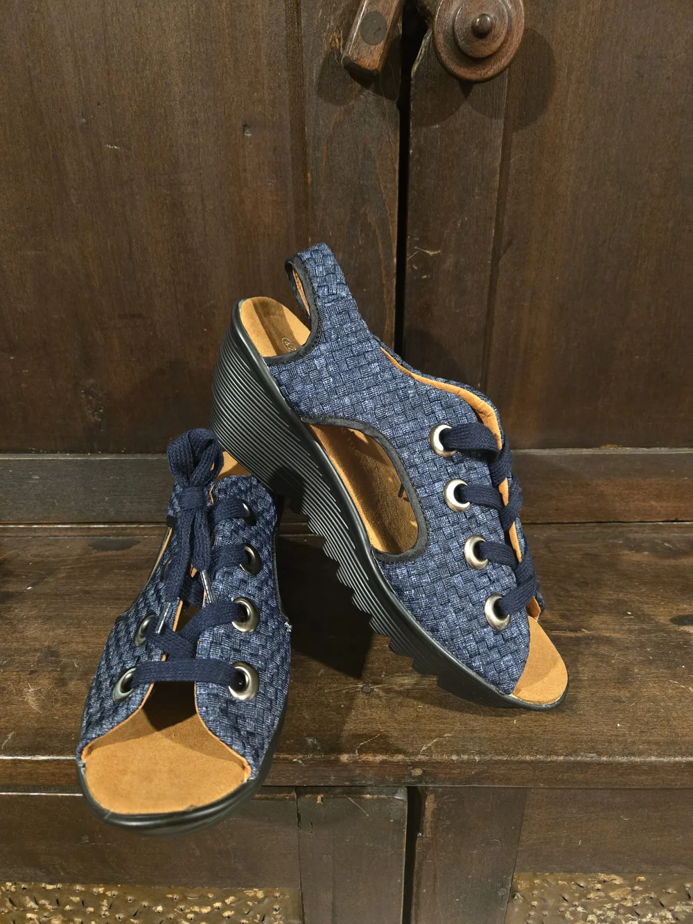 Bernie Mev. Navy Blue Woven Lace-Up Open-Toe Wedge Sandals
